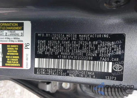 2014 Toyota Camry Le из США, поврежденный, VIN 4T1BF1FK3EU322598